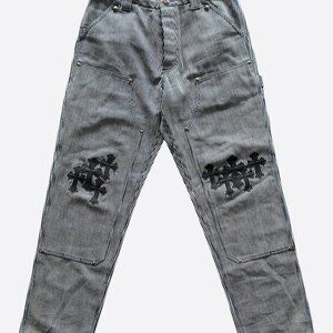Chrome Hearts White & Black Cross Patch Pinstripe Carpenter Pants